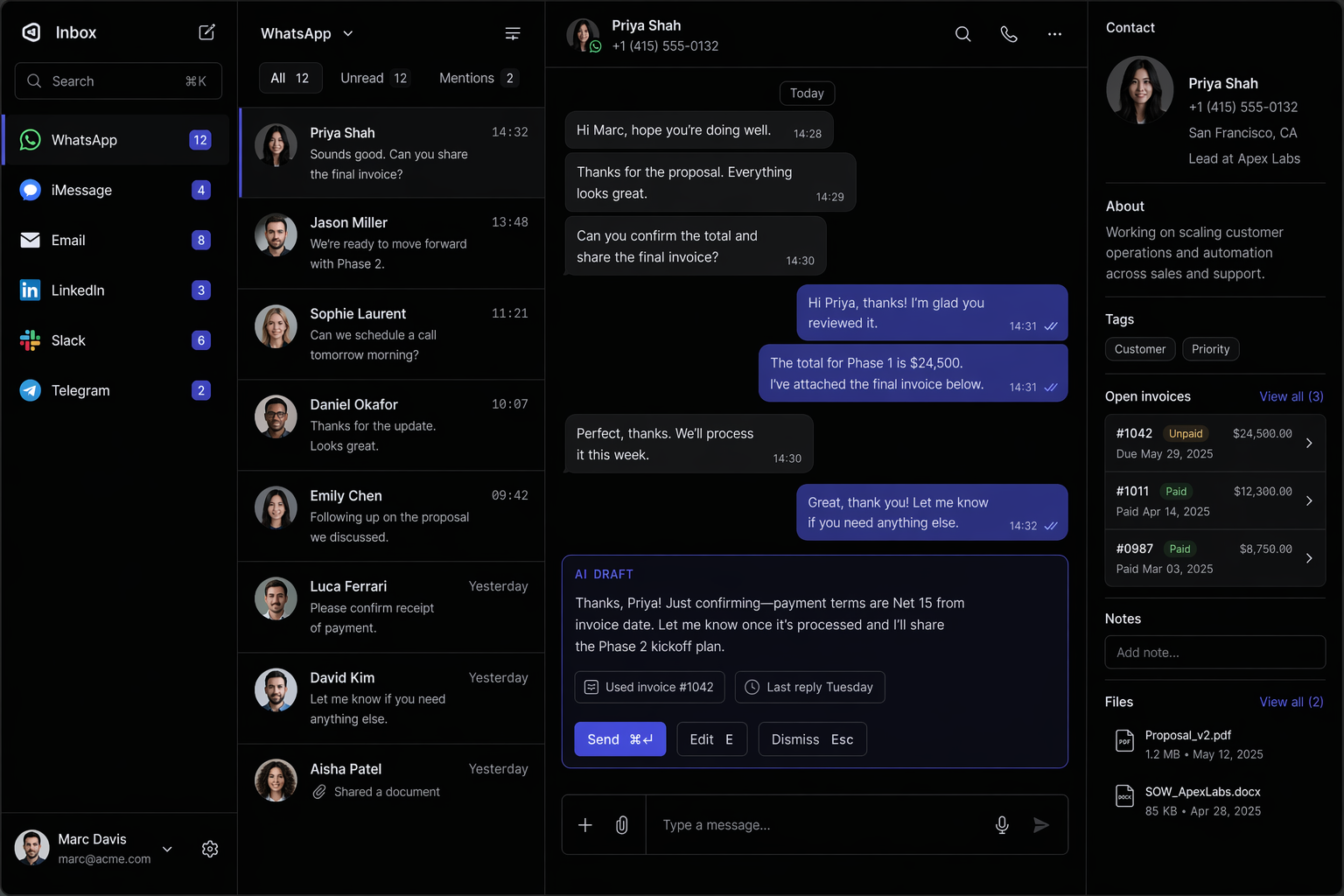 Blixo three-pane inbox showing WhatsApp conversation with AI Draft Card